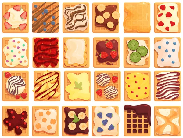 比利时华夫饼图标设置卡通矢量 咖啡开胃菜 杯贝吉安 — 图库矢量图片