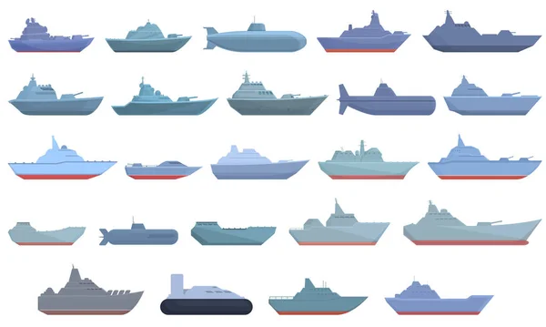 Krigsskepp Ikoner Ställa Tecknad Vektor Militär Bärare Krigsbåt — Stock vektor