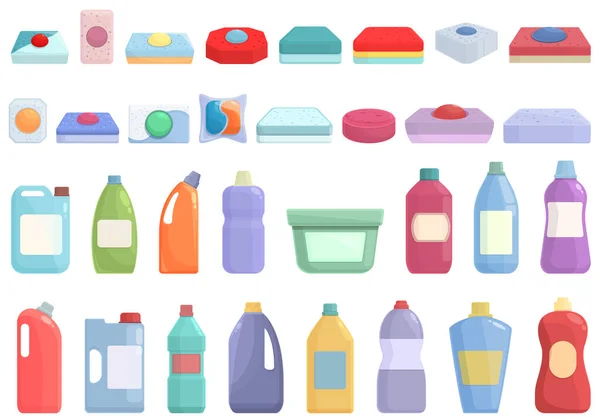 食器洗浄機の洗剤のアイコンは漫画のベクトルをセットする カプセル掃除 液体ボトル — ストックベクタ