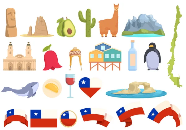 Ikony Chile Nastavují Kreslený Vektor Mapu Dobrodružství Cestování Alpaky — Stockový vektor