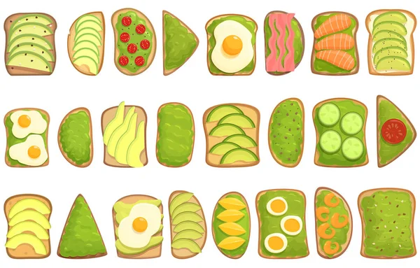 Avocado Toast Ikony Nastavit Kreslený Vektor Chlebový Plátek Pšeničná Snídaně — Stockový vektor