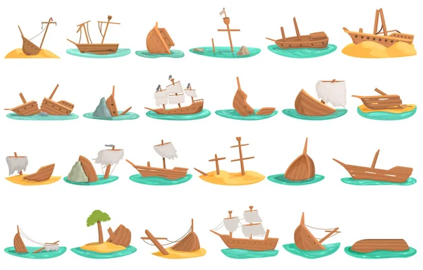 Иконки Кораблекрушений Устанавливают Вектор Мультфильмов Морской Остров Пляжный Катер — стоковый вектор