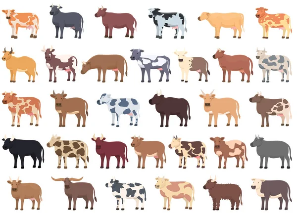 Ícones Vacas Reprodutoras Definir Vetor Desenhos Animados Leite Leite Comer —  Vetores de Stock
