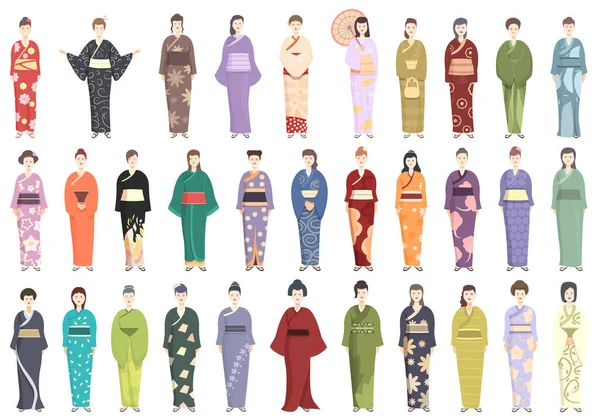 Иконки Кимоно Устанавливают Вектор Мультфильмов Азиатская Гейша Японская Девушка — стоковый вектор