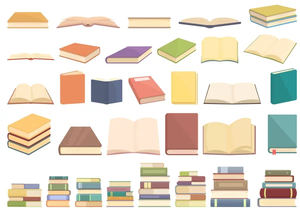 Libro Iconos Publicación Conjunto Vector Dibujos Animados Biblioteca Escolar Leer — Vector de stock