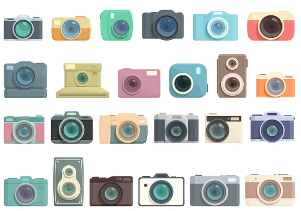 Ikony Fotoaparátu Nastavují Vektor Kreslených Filmů Kamera Emoji Flash Fotografie — Stockový vektor