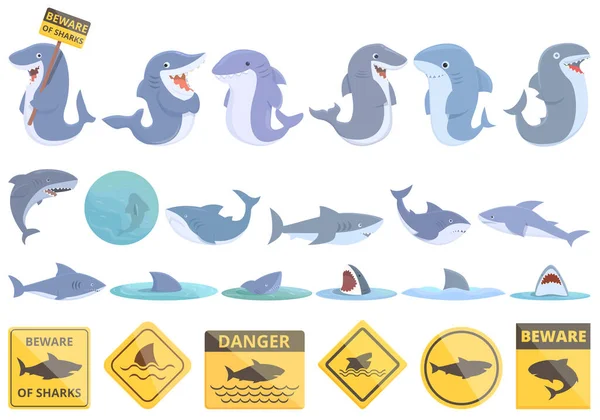 Méfiez Vous Des Requins Icônes Définir Vecteur Dessin Animé Animal — Image vectorielle