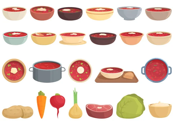 Borsch Icônes Définir Vecteur Dessin Animé Nourriture Pour Betteraves Cuire — Image vectorielle