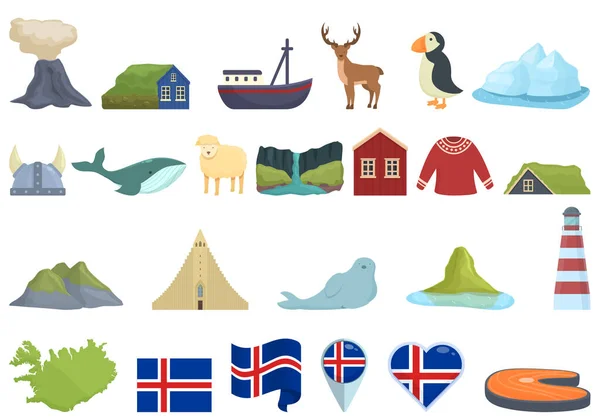 アイスランドのアイコンは漫画のベクトルを設定します 北の島 極地観光 — ストックベクタ