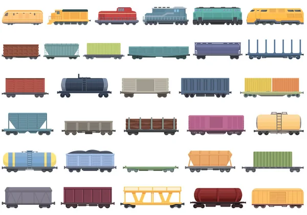 stock vector Train freight wagons icons set cartoon vector. Diesel locomotive. Side cargo