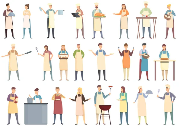Parejas Cocinero Iconos Conjunto Dibujos Animados Vector Delantal Chef Mujer — Vector de stock