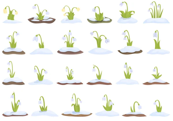 Snowdrop Icons Set Cartoon Vector Nature Flower Spring Leaf — Stock Vector