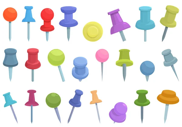 Push Pin Thumbtack Icons Set Cartoon Vector Paper Office Cork — Stock Vector
