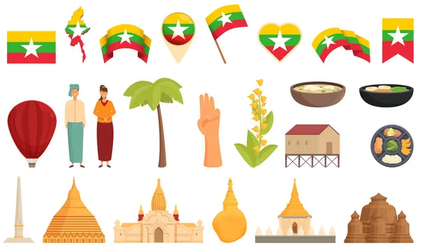 Иконки Мьянмы Устанавливают Вектор Мультфильмов Бирманский Ориентир Карта Янгона — стоковый вектор