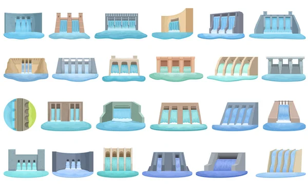 Icone Della Diga Della Centrale Idroelettrica Impostato Vettore Cartone Animato — Vettoriale Stock