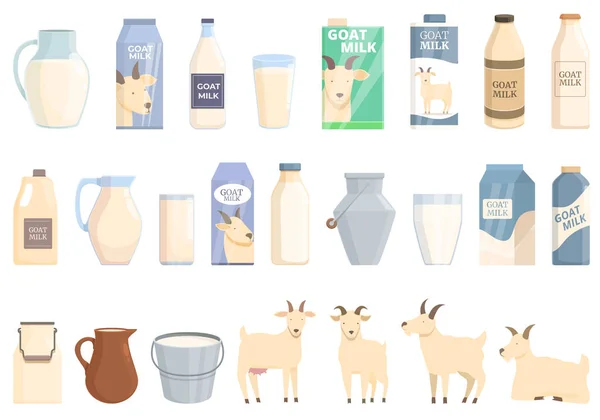 Иконки Козьего Молока Устанавливают Вектор Мультфильмов Коробка Напитками Фермерская Коза — стоковый вектор