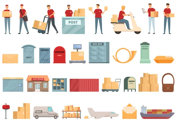 Los Iconos Del Servicio Postal Establecen Vector Dibujos Animados Oficina — Vector de stock