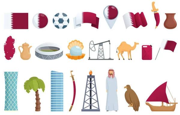 Qatar Iconos Conjunto Vector Dibujos Animados Día Nacional Festival Viajes — Vector de stock