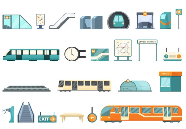 Los Iconos Estación Metro Establecen Vector Dibujos Animados Centro Trenes — Vector de stock