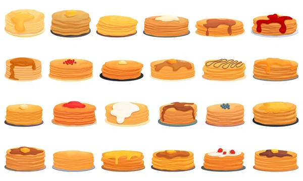 Pancake Semana Iconos Conjunto Vector Dibujos Animados Mantequilla Comida Menú — Vector de stock