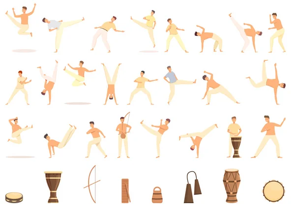 Los Iconos Capoeira Establecen Vector Dibujos Animados Personas Acrobáticas Fitness — Vector de stock