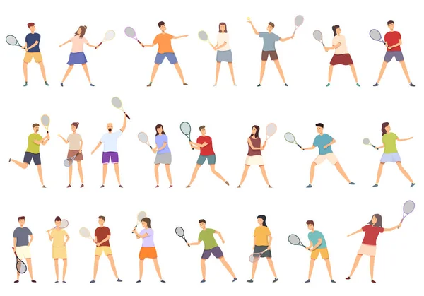Tennis Speler Pictogrammen Ingesteld Cartoon Vector Man Sport Schoolrechtbank — Stockvector
