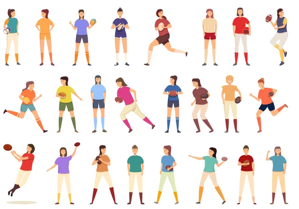 Mujer Rugby Player Iconos Conjunto Dibujos Animados Vector Chica Del — Vector de stock