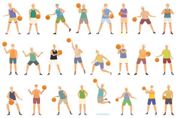 Пожилые Люди Играют Баскетбол Иконы Набор Вектор Мультфильмов Старый Вид — стоковый вектор