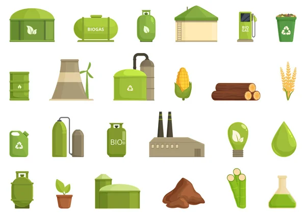 Ícones Biogás Conjunto Vetor Cartoon Etanol Biomassa Biocombustíveis Energéticos — Vetor de Stock