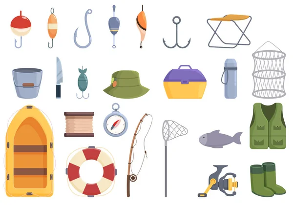 Fishing Icons Set Cartoon Vector Fishery Boat Net Marine — Stock Vector