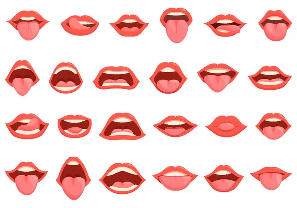 Los Iconos Lengua Establecen Vector Dibujos Animados Labios Bucales Lengua — Vector de stock