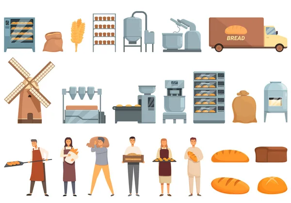 面包制作图标设置卡通矢量 面包工厂 面包店食品 — 图库矢量图片