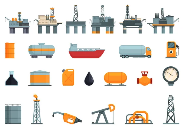 Icone Della Piattaforma Petrolifera Impostato Vettore Cartone Animato Mare Del — Vettoriale Stock