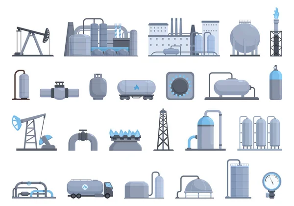 Los Iconos Producción Gas Establecen Vector Dibujos Animados Plataforma Tuberías — Vector de stock