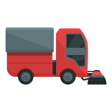 Kırmızı süpürge ikon çizgi film vektörü. Yol kamyonu. Makine Şehri