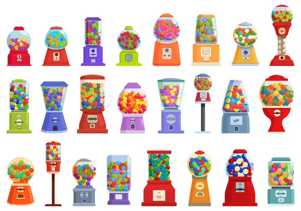 Ícones Máquina Bubblegum Conjunto Vetor Cartoon Doces Pastilha Brinquedo Venda — Vetor de Stock