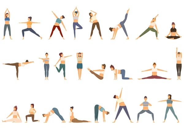 Estirar Iconos Conjunto Dibujos Animados Vector Pilates Yoga Mujer Flexible — Archivo Imágenes Vectoriales