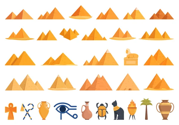 Pirámides Egipcias Iconos Conjunto Vector Dibujos Animados Mundo Antiguo Historia — Vector de stock