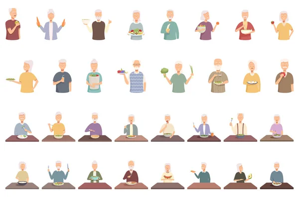 Senioren Eten Gezonde Voedsel Pictogrammen Set Cartoon Vector Oude Vrouw — Stockvector