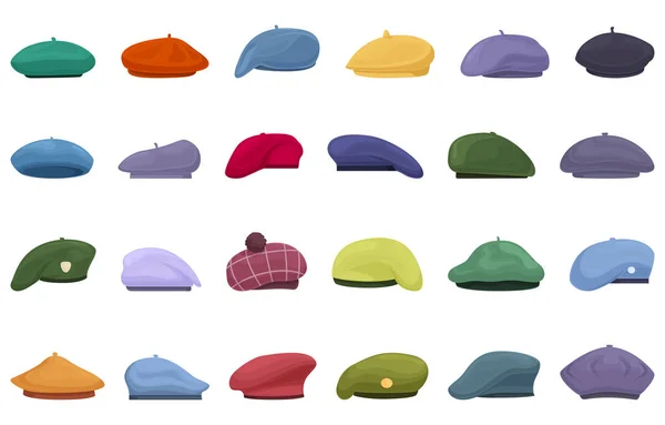 ベレー帽のアイコンは漫画ベクトルを設定します フランスの帽子 画家ウール — ストックベクタ