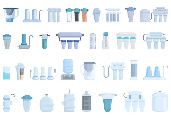 Filter Water Purification Icons Set Cartoon Vector Treatment Tank Waste — Stock Vector