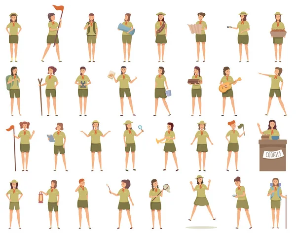 Chica Scouts Iconos Conjunto Dibujos Animados Vector Traje Aventura Campamento — Vector de stock