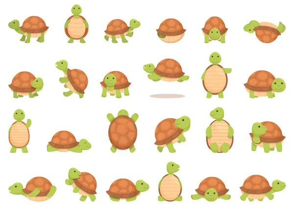 Tortuga Mascota Iconos Conjunto Vector Dibujos Animados Cáscara Reptil Animales — Vector de stock