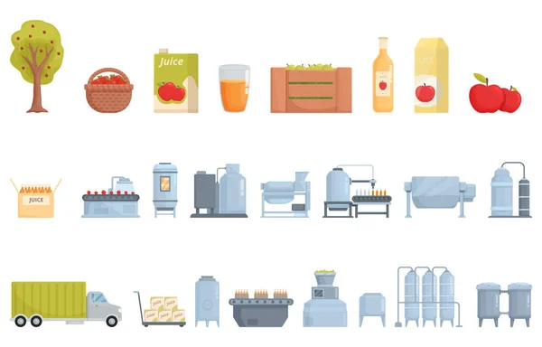 Apple Juice Fabricación Iconos Proceso Conjunto Dibujos Animados Vector Bebida — Vector de stock
