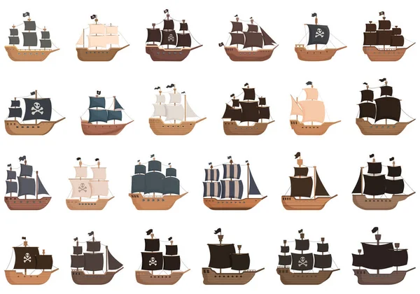 Ícones Navio Pirata Conjunto Vetor Cartoon Barco Destroços Velho Afundado —  Vetores de Stock