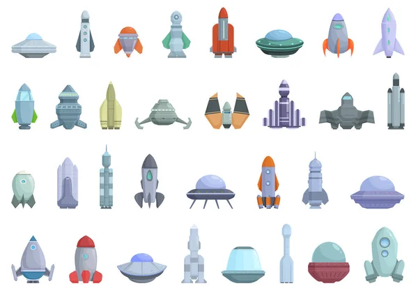 Los Iconos Nave Espacial Establecen Vector Dibujos Animados Espacio Para — Vector de stock