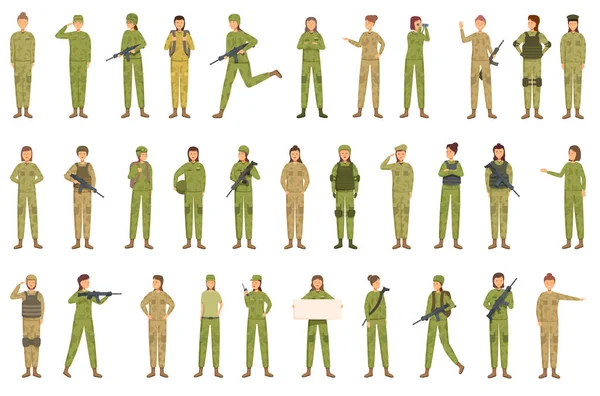 Ícones Mulher Militar Definir Vetor Desenhos Animados Exército Soldados Exército —  Vetores de Stock