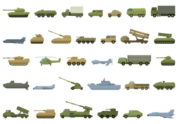 Иконки военных транспортных средств устанавливают вектор мультфильмов. Военный пистолет. Целевой металл