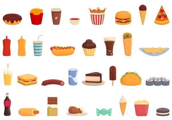 Food Junk Icons Set Cartoon Vector Fast Snack Popcorn Burger — Stock Vector