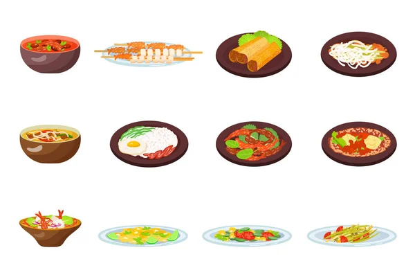 Thai Food Icons Set Cartoon Vector Rice Dinner Dinner Food — Stock Vector